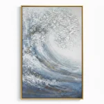 Textured abstract expressionist hand-painted canvas depicting swirling wave forms in whites, silvers, and ocean blues with gold accents