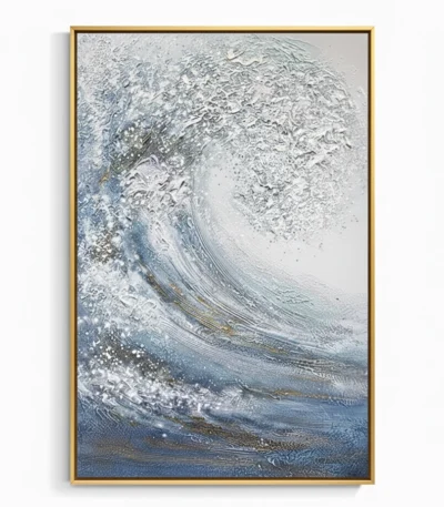 Textured abstract expressionist hand-painted canvas depicting swirling wave forms in whites, silvers, and ocean blues with gold accents