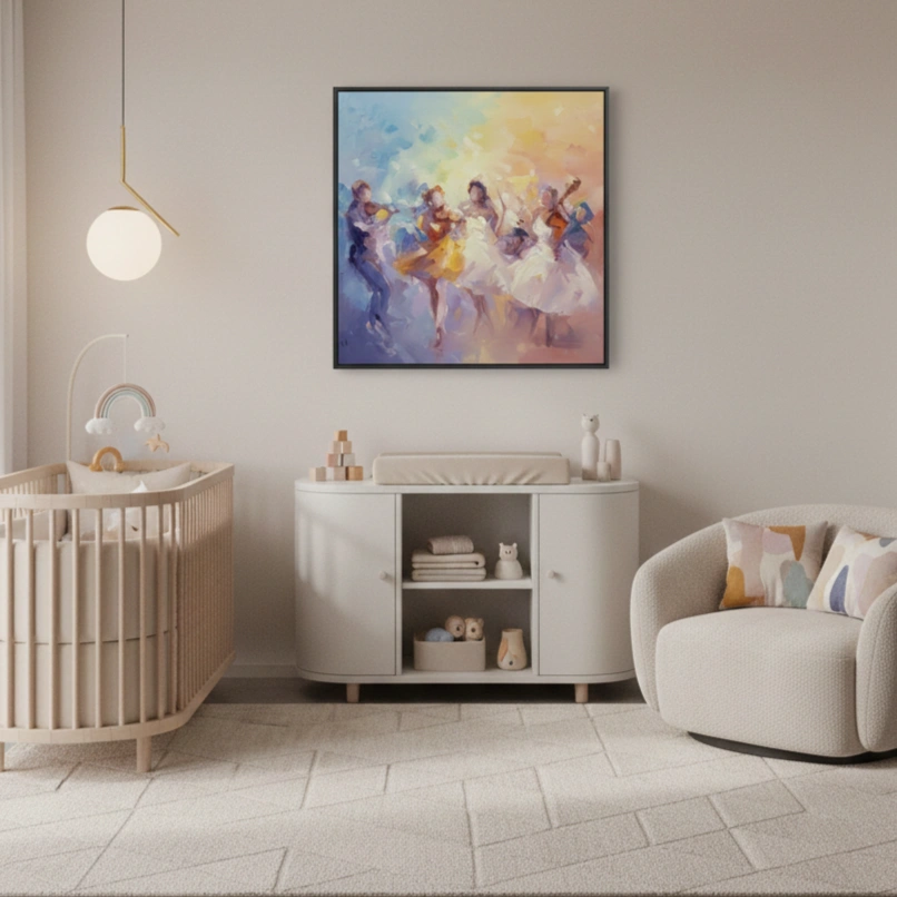 Cerulean Symphony Rhapsody Vivid expressive palette strokes Colorful Wall art (1.5) Gestural figurative hand-painted canvas depicting dancing musicians in soft purples, golds and blues, nursery setting
