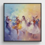 Impressionist hand-painted canvas depicting five musicians performing with instruments in luminous golden and purple tones