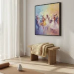 Impressionist hand-painted canvas depicting dancers in motion with warm golden and cool blue tones, contemporary interior setting