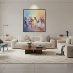 Impressionist hand-painted canvas depicting dancing figures in warm golden and purple tones, contemporary living space