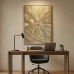 Textured abstract hand-painted canvas with radiating linear striations in warm cream and taupe tones, contemporary workspace