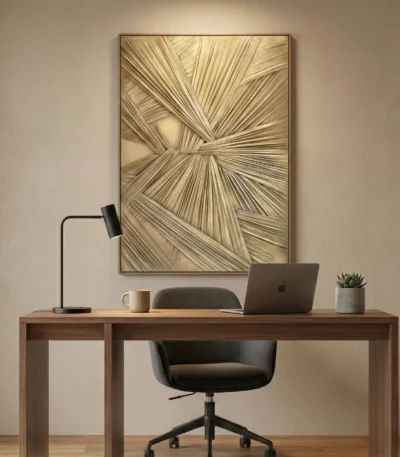 Textured abstract hand-painted canvas with radiating linear striations in warm cream and taupe tones, contemporary workspace