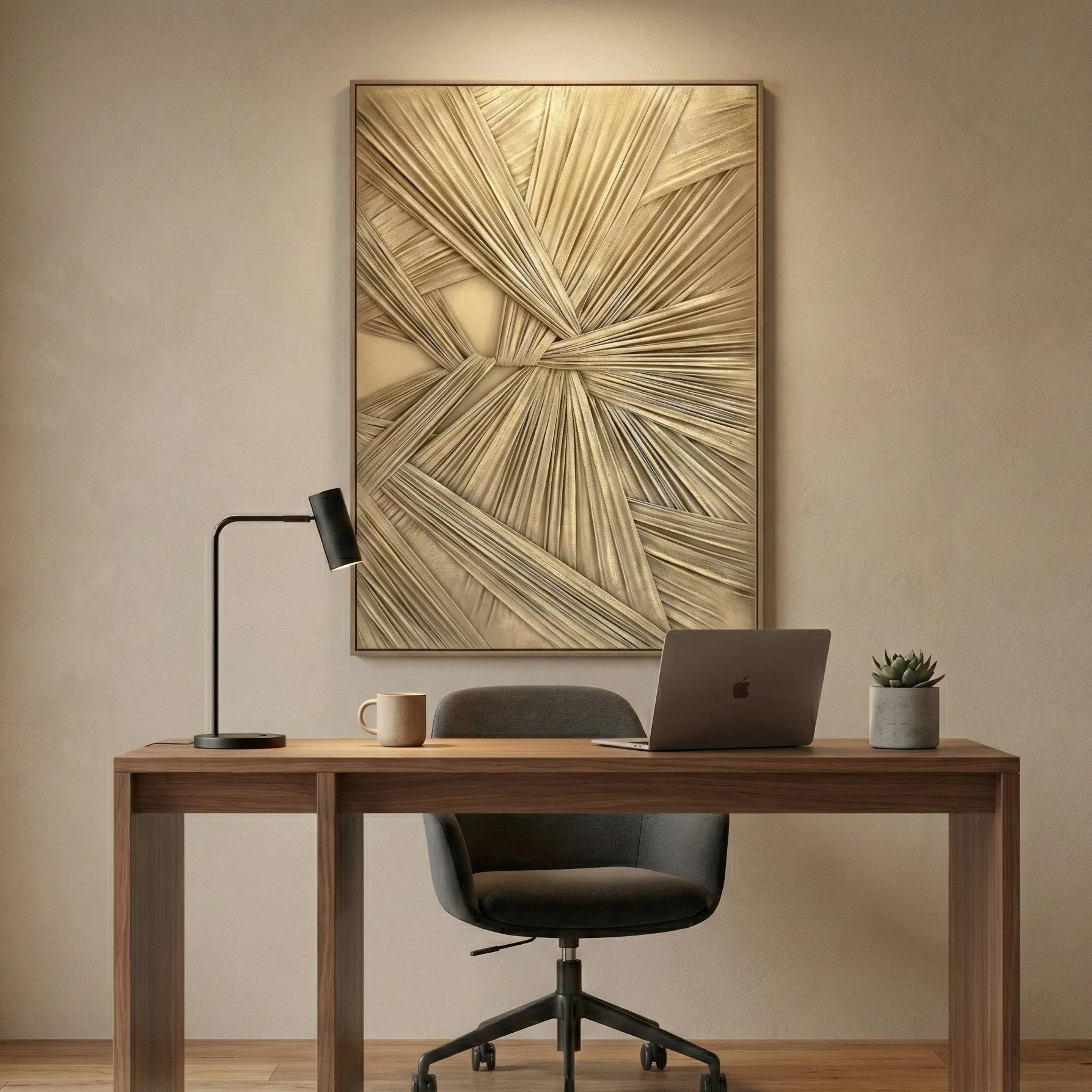 Champagne Radiance Textured metallic draped cloth fabric wall art (1.5) Textured abstract hand-painted canvas with radiating linear striations in warm cream and taupe tones, contemporary workspace