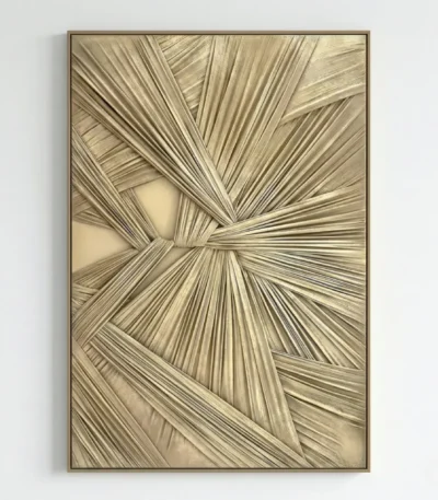 Contemporary abstract hand-painted canvas with radiating linear striations in warm cream and taupe tones