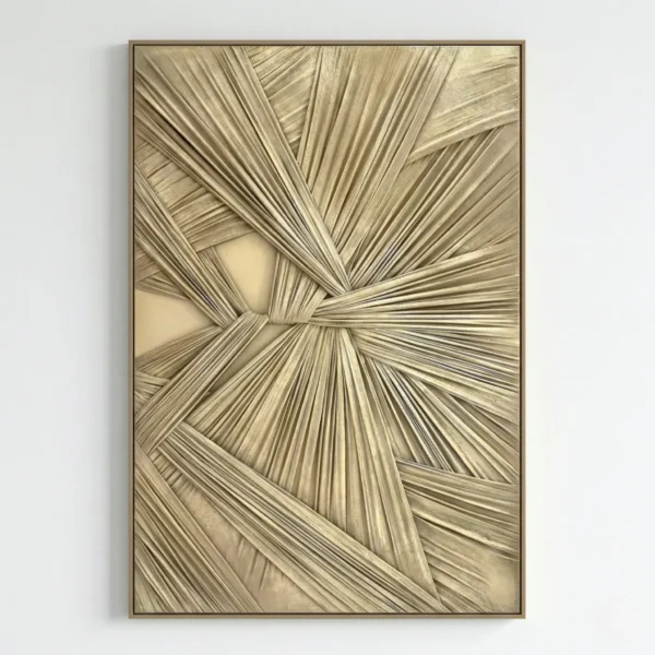 Contemporary abstract hand-painted canvas with radiating linear striations in warm cream and taupe tones