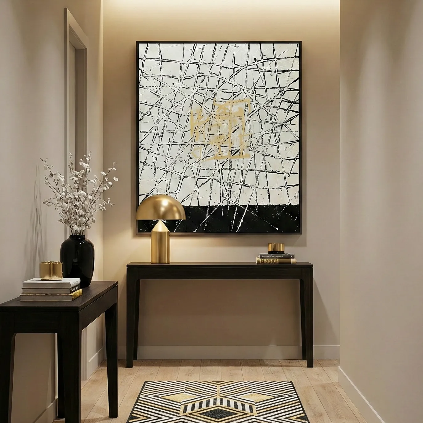 Chaos And Order Dynamic web with central form pollock wall art (2) Abstract expressionist hand-painted canvas with gestural black lines and gold leaf accents, cream and charcoal palette, contemporary entryway