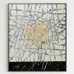 Gestural abstract hand-painted canvas with bold black linear marks, golden ochre overlay, and dark base in cream and charcoal tones