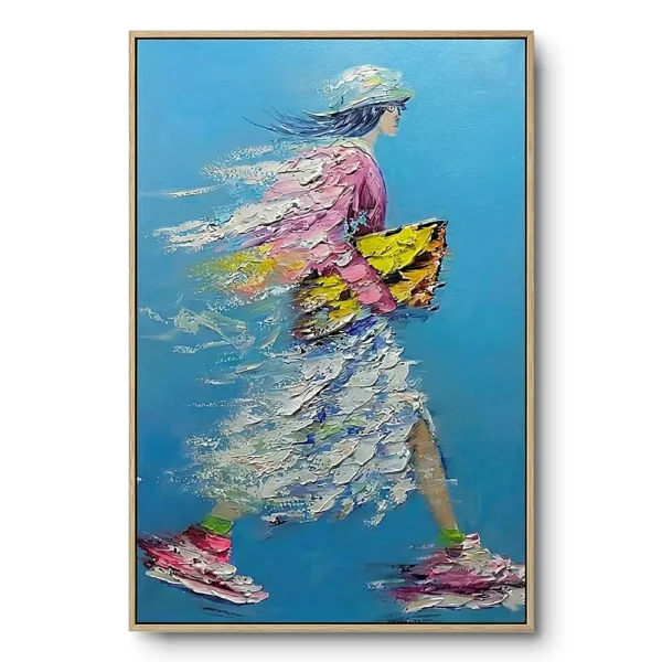 Textured impasto painting of a woman striding in a pink jacket against a teal ground, her skirt dissolving into windblown brushstrokes, light wood frame