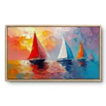 Textured painting of sailboats led by one red sail across warm gold and lilac water, light wood frame, panoramic