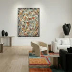 Abstract expressionist hand-painted canvas with gestural brushstrokes in warm ochre, burnt orange, and muted green tones, contemporary living space