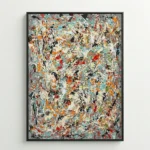 Gestural abstract expressionist hand-painted canvas with layered drips and splatters in vibrant turquoise, orange, red, black, and cream tones