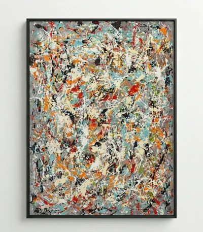 Gestural abstract expressionist hand-painted canvas with layered drips and splatters in vibrant turquoise, orange, red, black, and cream tones