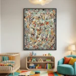Abstract expressionist hand-painted canvas with layered gestural brushstrokes in vibrant oranges, teals, and creams, nursery setting