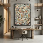 Gestural abstract expressionist hand-painted canvas in multicolored layered brushstrokes and drips, contemporary workspace