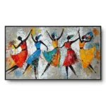 Textured painting of five dancing figures in red, blue, teal and yellow dresses against a textured grey ground, black frame, panoramic