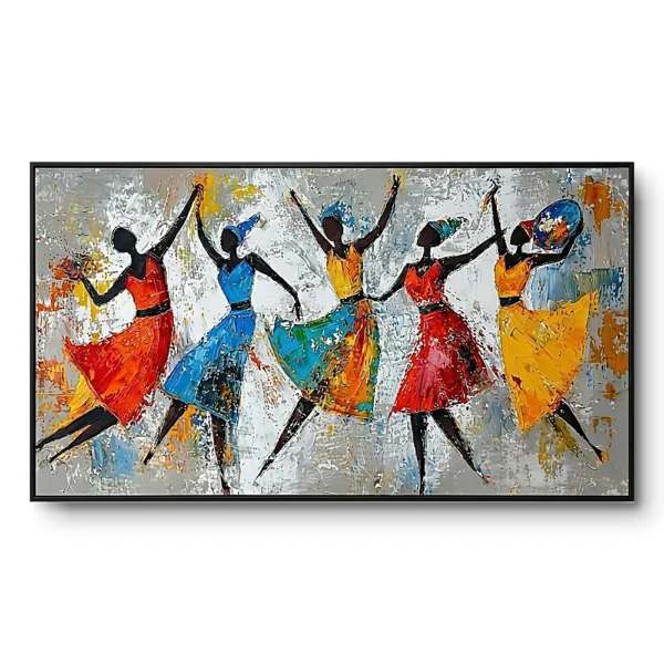 Textured painting of five dancing figures in red, blue, teal and yellow dresses against a textured grey ground, black frame, panoramic