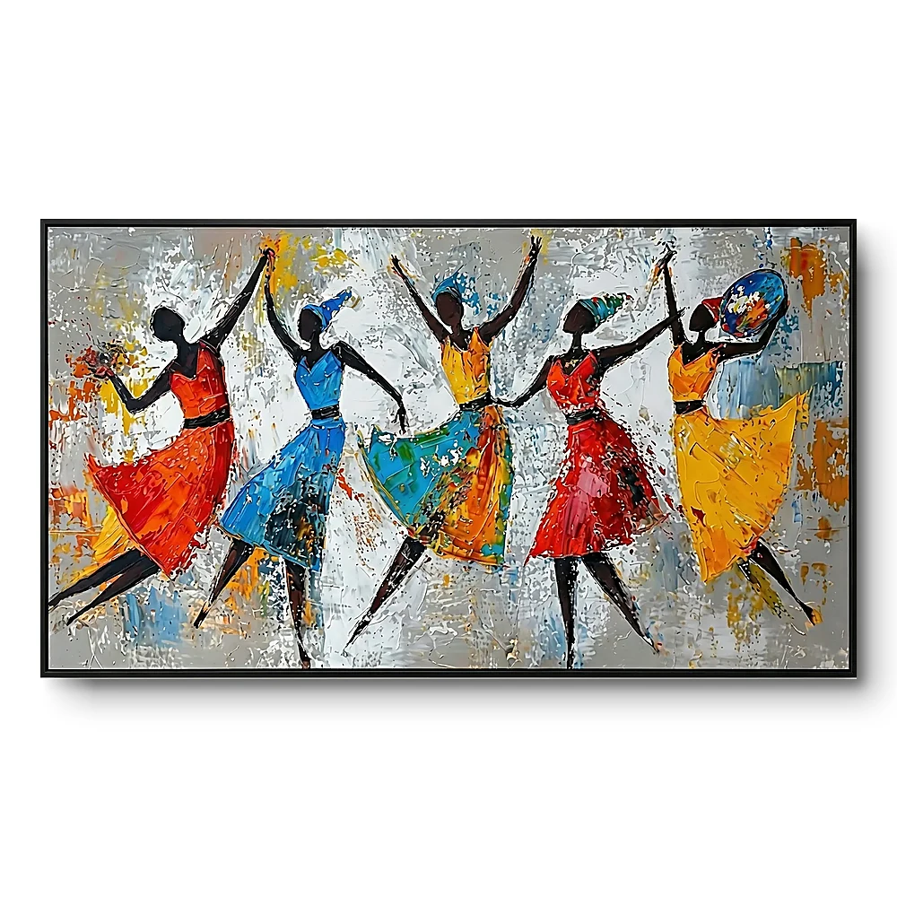 Textured painting of five dancing figures in red, blue, teal and yellow dresses against a textured grey ground, black frame, panoramic