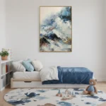 Textured abstract expressionist painting depicting layered mountainous landscape in blue, cream, and burnt sienna tones, modern bedroom