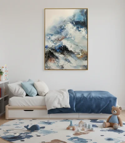 Textured abstract expressionist painting depicting layered mountainous landscape in blue, cream, and burnt sienna tones, modern bedroom