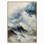 Textured abstract hand-painted canvas depicting snow-capped mountains in layered blues, whites, and earth tones