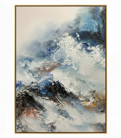 Textured abstract hand-painted canvas depicting snow-capped mountains in layered blues, whites, and earth tones