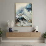 Textured abstract landscape hand-painted canvas in cool blues, whites, and earth tones, contemporary living space