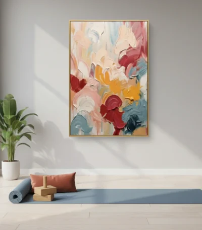 Gestural abstract hand-painted canvas in layered coral, crimson, gold and slate tones, yoga studio setting