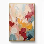 Gestural abstract hand-painted canvas in layered cream, coral, crimson, mustard and slate blue brushstrokes, contemporary living space