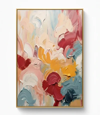 Gestural abstract hand-painted canvas in layered cream, coral, crimson, mustard and slate blue brushstrokes, contemporary living space