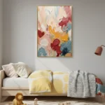 Gestural abstract expressionist hand-painted canvas in layered cream, coral, red, gold and teal brushstrokes, modern bedroom setting