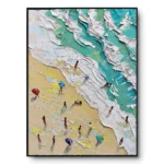Textured aerial beach painting with a heavy teal wave and small figures with colourful umbrellas on sand, black frame