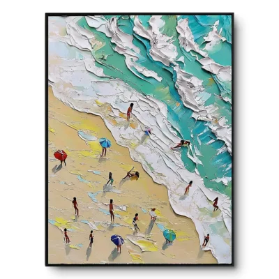 Textured aerial beach painting with a heavy teal wave and small figures with colourful umbrellas on sand, black frame