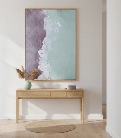 Minimalist abstract hand-painted canvas depicting layered coastal landscape in soft lavender, mint, and cream tones, contemporary entryway