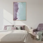 Minimalist abstract hand-painted canvas depicting coastal waves in mauve, cream and seafoam tones, contemporary bedroom