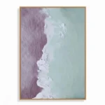 Textured abstract landscape hand-painted canvas in muted mauve and seafoam tones, depicting coastal cliffs and crashing waves