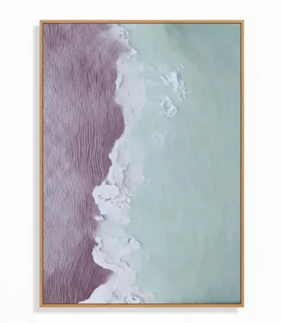 Textured abstract landscape hand-painted canvas in muted mauve and seafoam tones, depicting coastal cliffs and crashing waves
