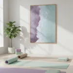 Textured abstract hand-painted canvas depicting coastal landscape in soft purple, mint and cream tones, yoga studio setting