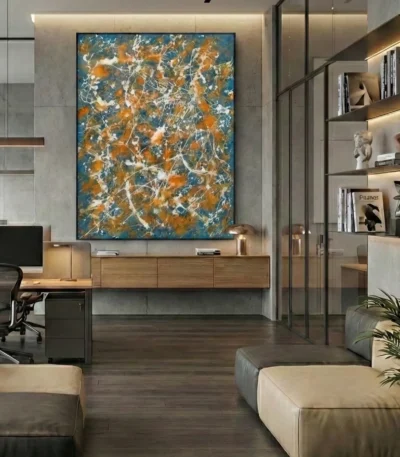 Gestural abstract expressionist hand-painted canvas in dynamic orange, blue, and cream brushstrokes, contemporary office space