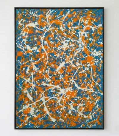 Gestural abstract expressionist hand-painted canvas in vibrant orange, teal, and cream with dynamic splatter and drip marks
