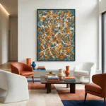 Gestural abstract expressionist hand-painted canvas in vibrant orange, teal, and white drips, contemporary living space