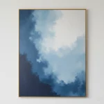 Layered abstract hand-painted canvas depicting misty forest landscape in cool blue and white tones, contemporary living space