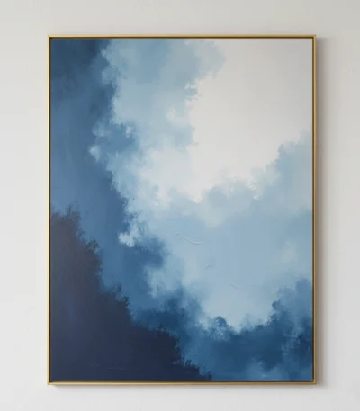 Layered abstract hand-painted canvas depicting misty forest landscape in cool blue and white tones, contemporary living space