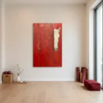 Figurative hand-painted canvas depicting a cream horse head in profile against bold red background, contemporary minimalist interior