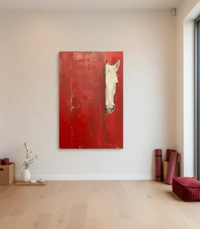 Figurative hand-painted canvas depicting a cream horse head in profile against bold red background, contemporary minimalist interior