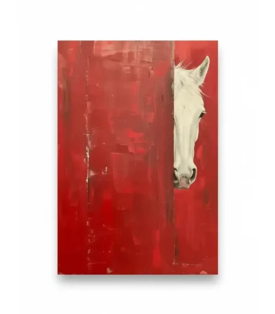 Contemporary figurative hand-painted canvas depicting a white horse head against vibrant red background