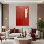 Figurative hand-painted canvas of a white horse head against vibrant red background, contemporary living space