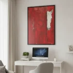 Contemporary figurative hand-painted canvas of a white horse against deep red background, modern home office
