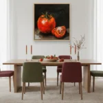 Contemporary still life painting depicting vibrant red tomatoes with dramatic chiaroscuro against dark background, dining space